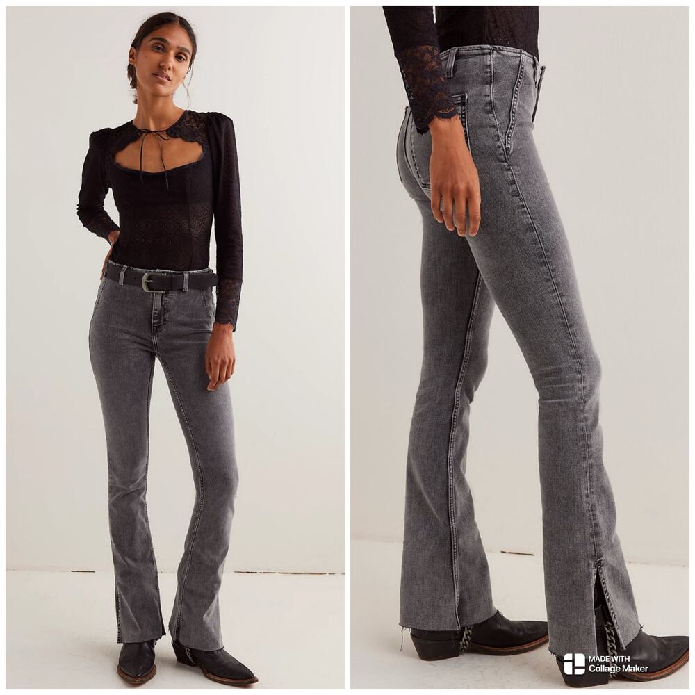Free People We The Free Level Up Slit Slim Flare Jeans Ridge Grey Size 27 NWT